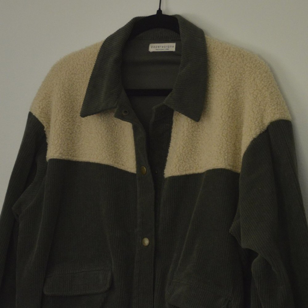 Paper Crane - Navy Green Corduroy Jacket with Tan Fleece Shoulders - Size Large